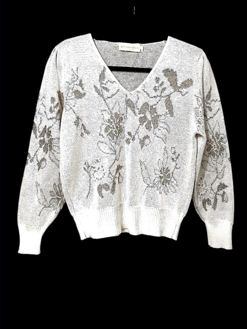 Vintage Woman’s Vivanti Cream Gold Silver Metallic Floral Sweater Sz M